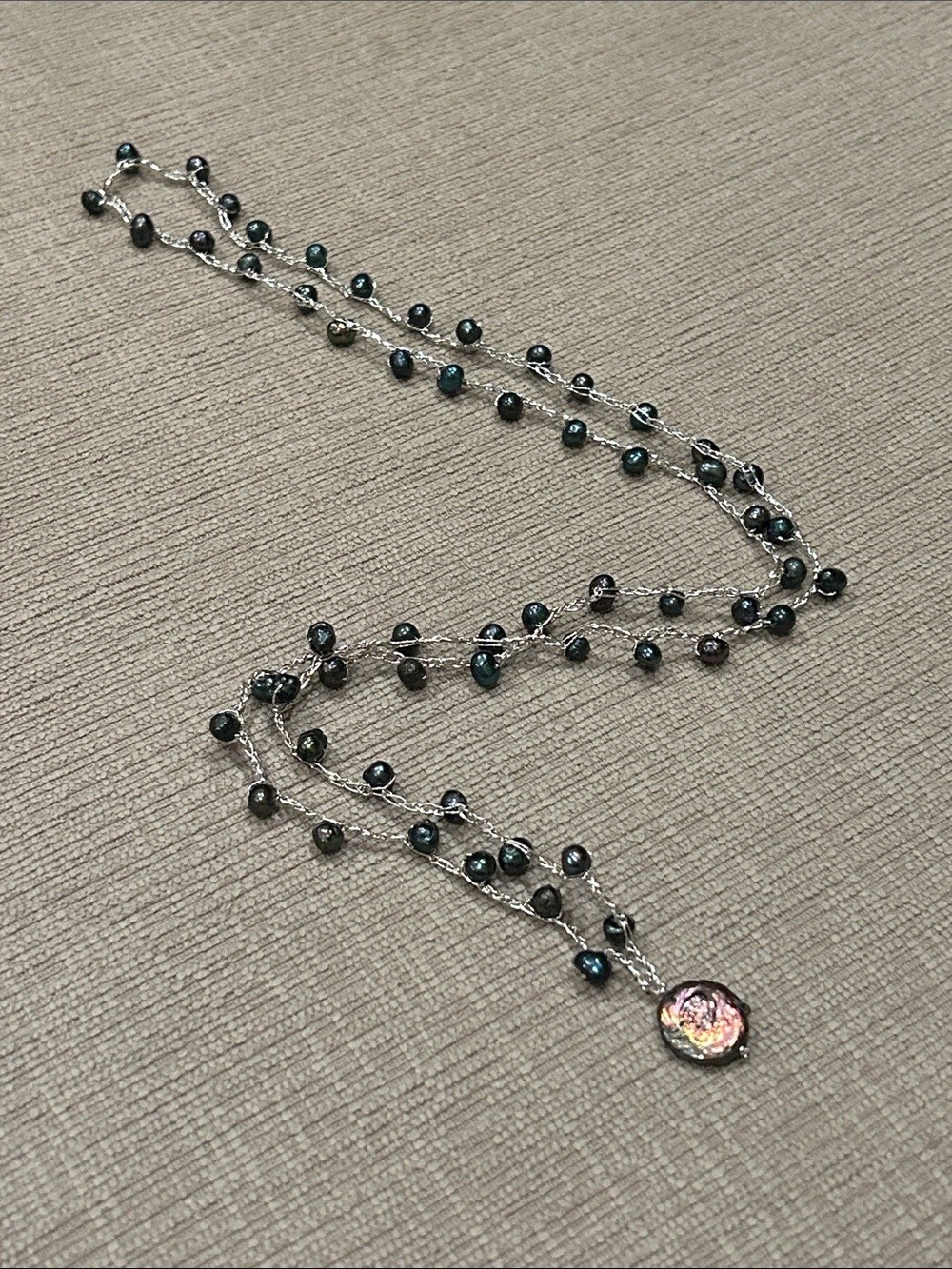 Delicate peacock Black Pearl Station Long Necklace with coin pearl Pendant