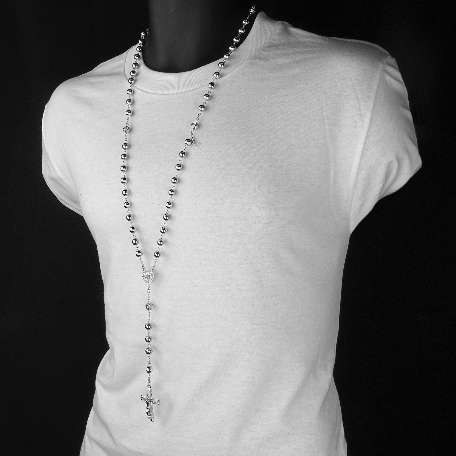 Hip Hop 8mm SILVER plated Beads D-Shape Cubic-Zirconia Rosary & Jesus Cross
