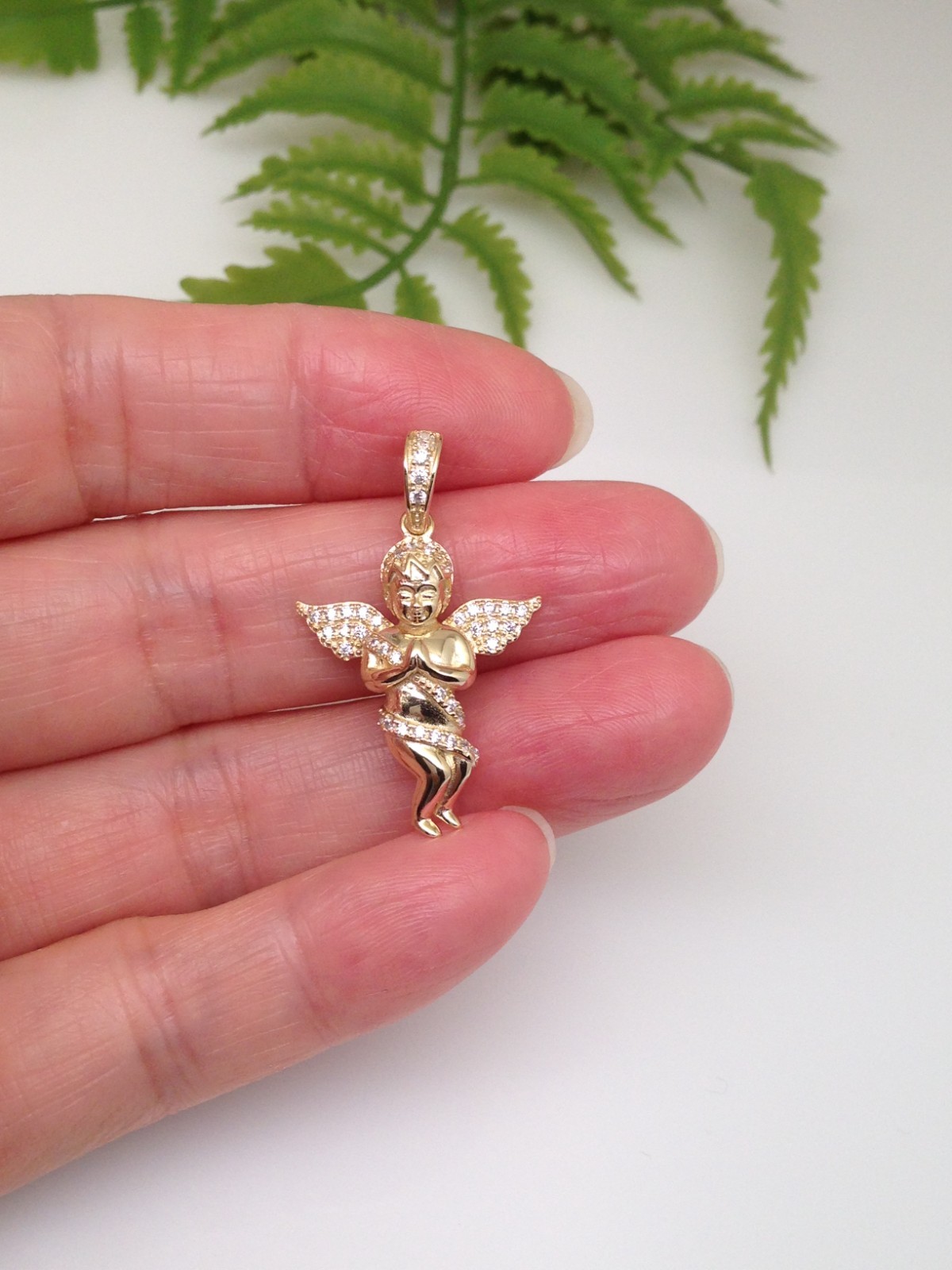 925 Sterling Silver CZ Gold Angel Pendant Small 22mm0.87″/31mm1.22″ Unisex