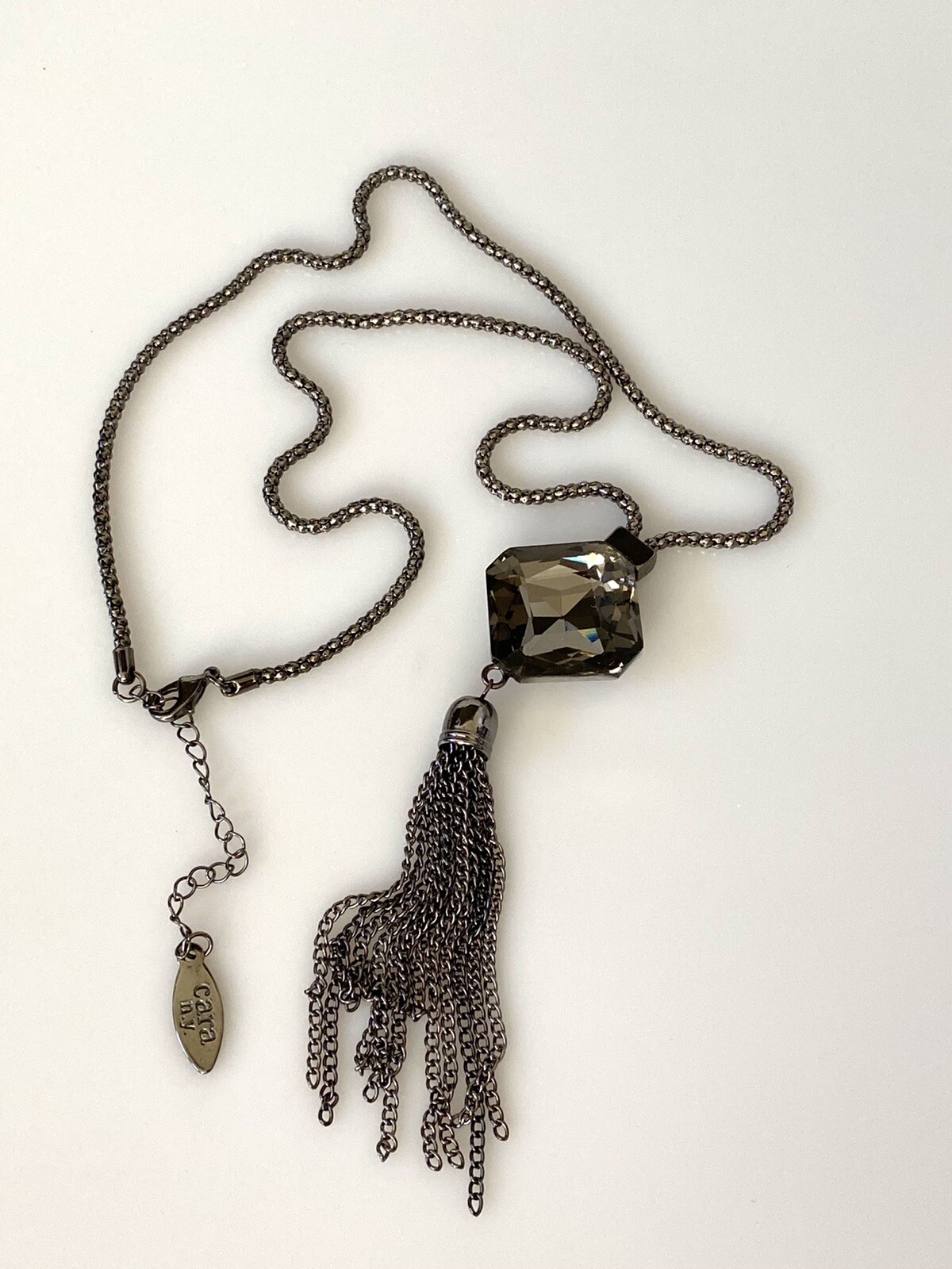 Cara N.Y. Necklace Crystal Glass Pendant Tussle 25”+ 3” Flaws