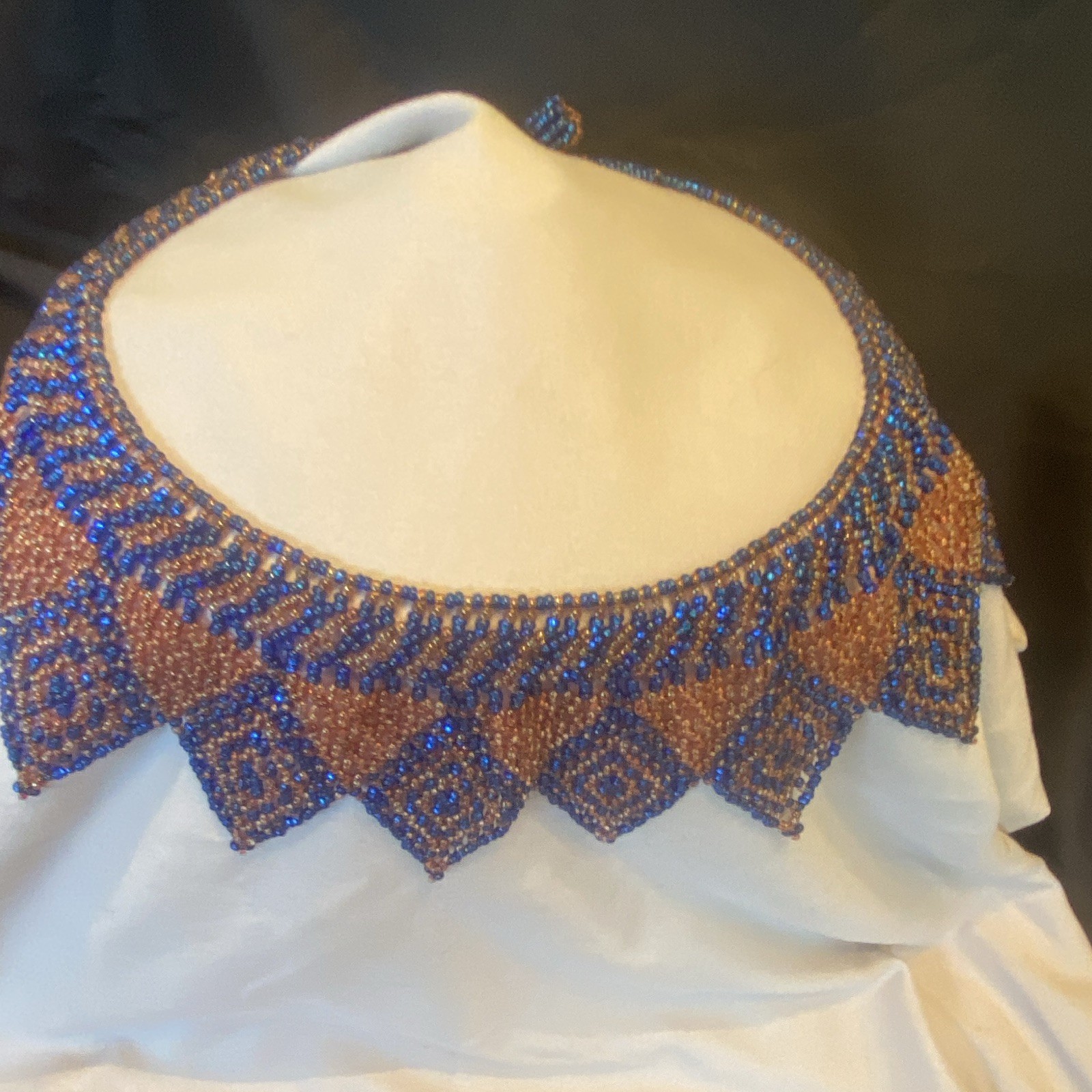 Vintage Blue & Brown Glass Beaded Geometric Bib Choker Necklace Adjustable 10in