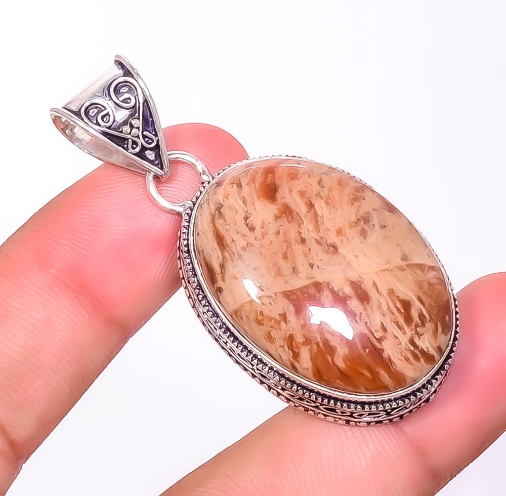 Natural Fine Art Coffee Bean Jasper 925 Silver Plated Bali Pendant 2.22″ P4196