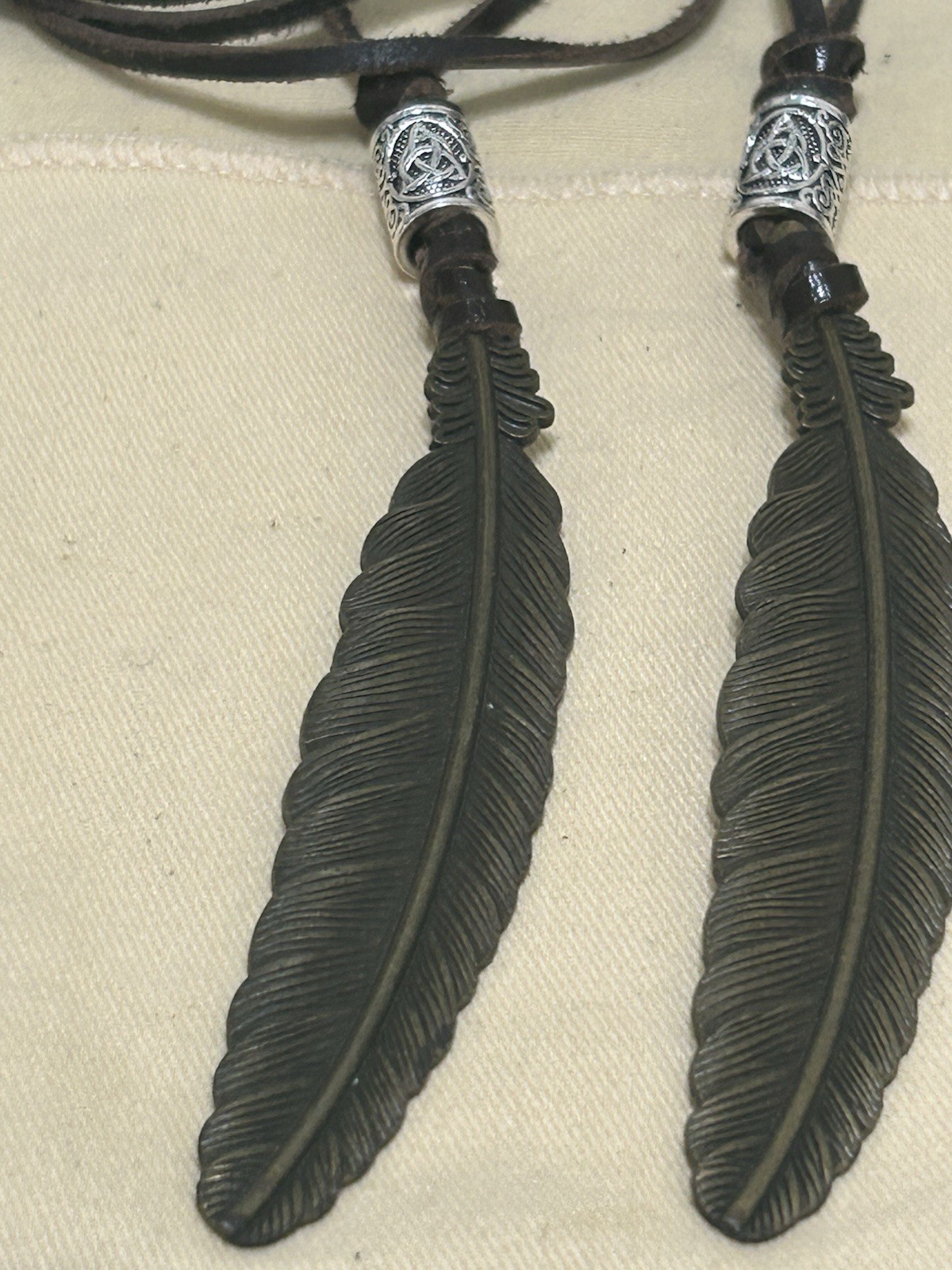 Men/Women 2 Two Vintage Brass Feather Pendant /Leather Straps