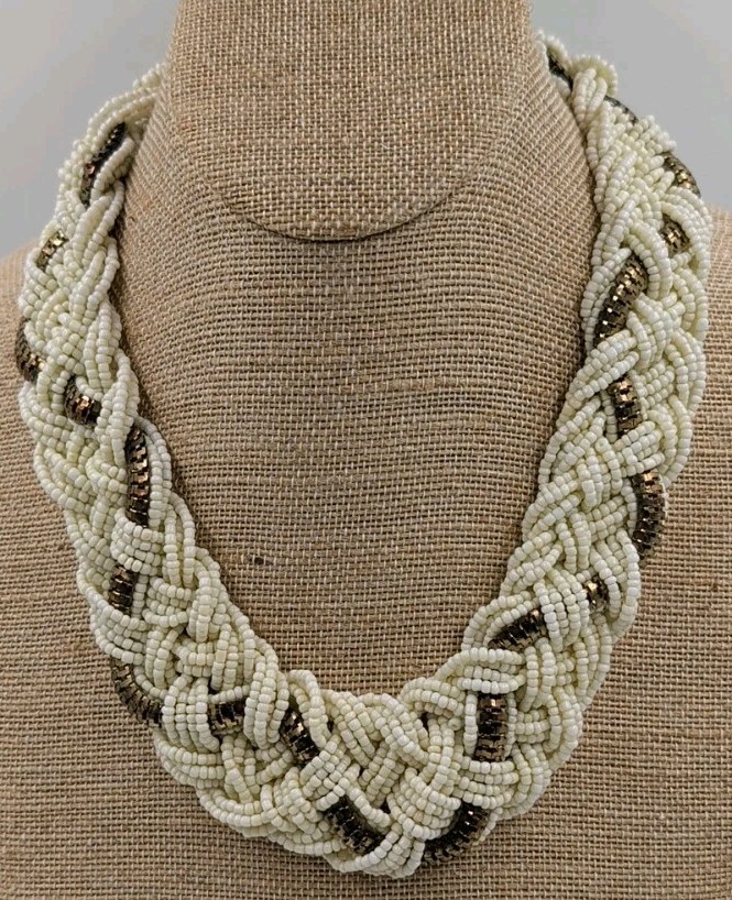 Vintage Seed Bead Torsade Bib Necklace Choker Collar Woven Braided Gold Ivory