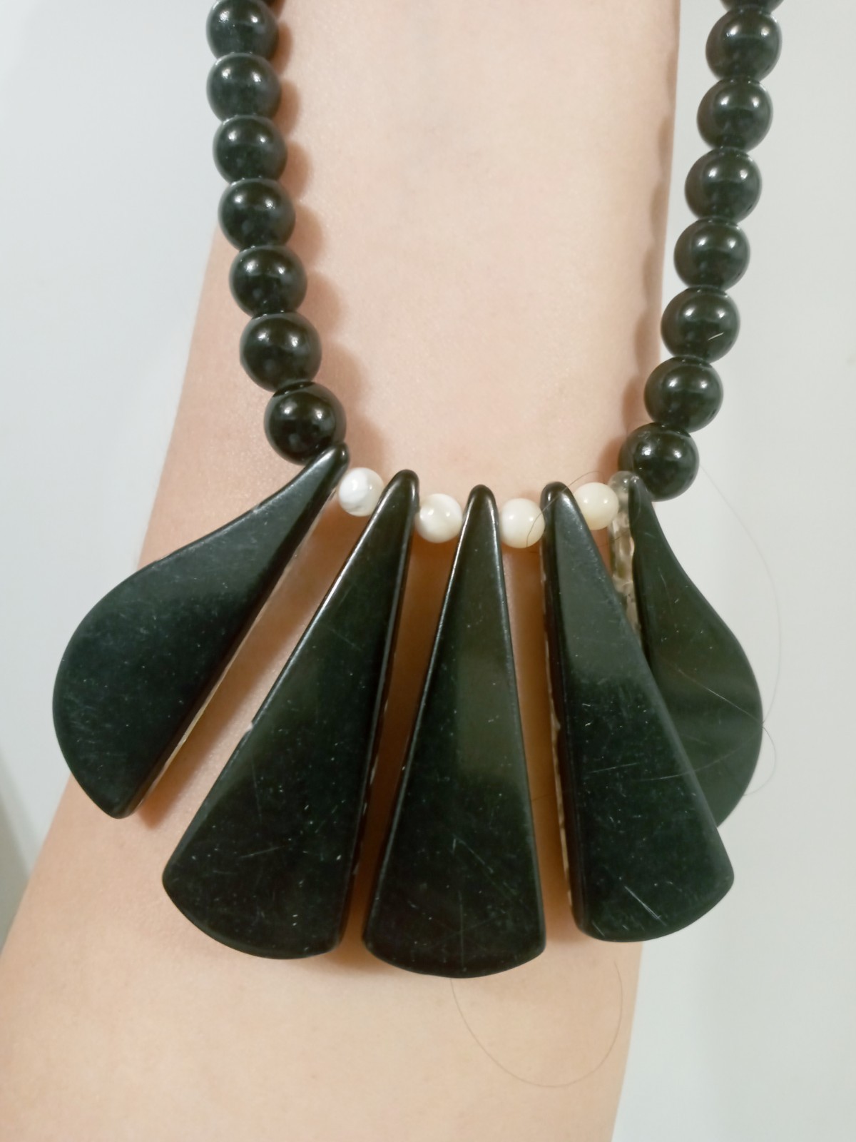 Vintage 80s Black Beaded Statement Necklace With Shell Inlay Accents