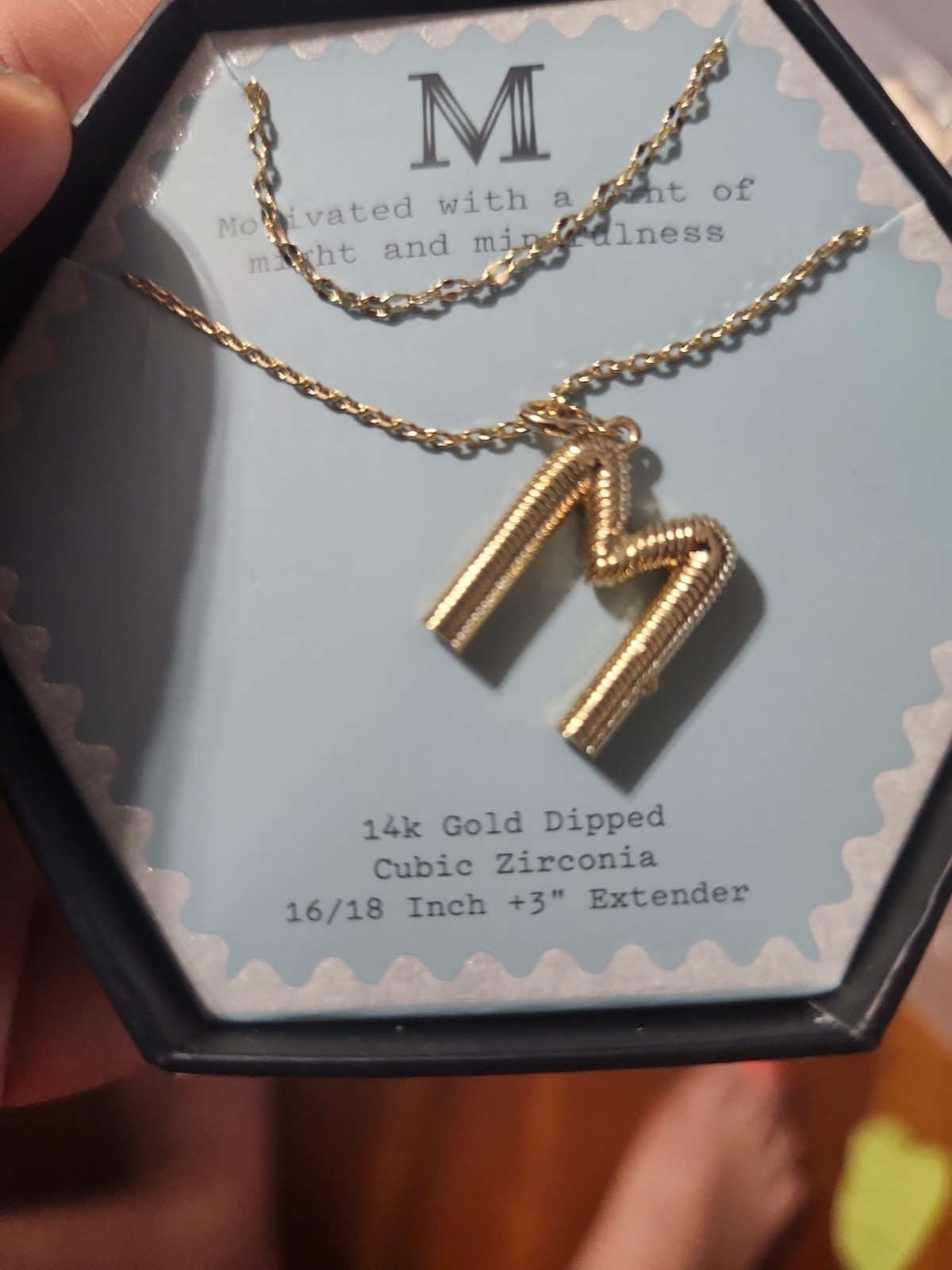 A New Day 14k Gold Dipped Initial M Necklace Cubic Zirconia Ribbed Pendant Boxed