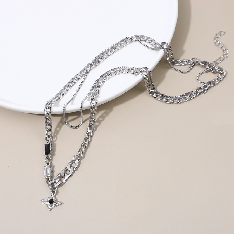 Silver Steel Double Layer Star Black Zirconia Necklace Cuban Chain Men Jewelry