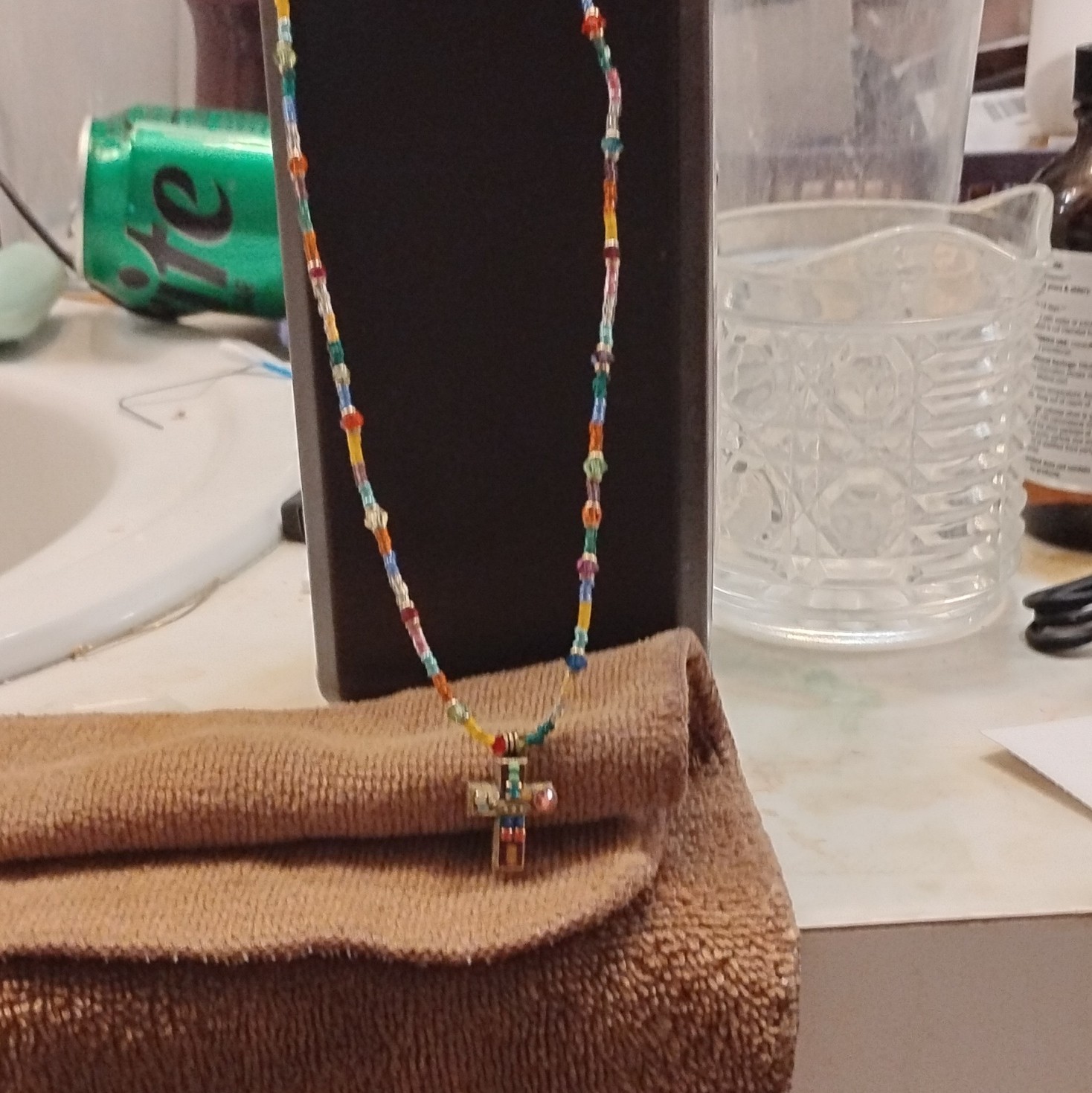 Michael Galan Multicolor Beaded Necklace Crystal Rhinestone Cross Pendant Signed