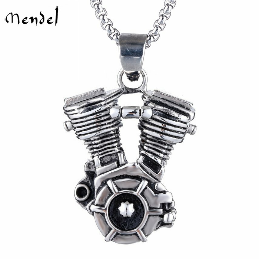 MENDEL Mens Motorcycle Engine Necklace Biker Pendant Heavy Stainless Steel Punk