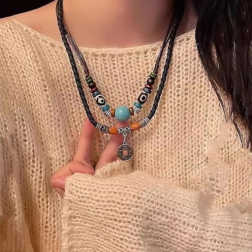 Western Layered Boho Wood Beads Copper Coin Choker Necklace