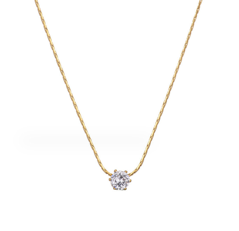 Stainless Steel Solitaire 6mm CZ Pendant Necklace Choker 16+2inch Chain P11