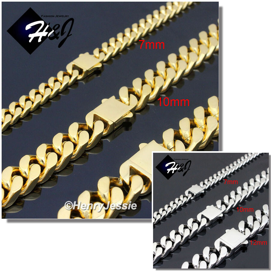 16-40″MEN Stainless Steel 7/10/12mm Silver/Gold Plated Miami Cuban Necklace*N166