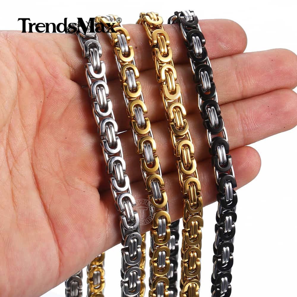 7mm 18-30″ Mens Chain Flat Byzantine Black/Silver/Gold Stainless Steel Necklace