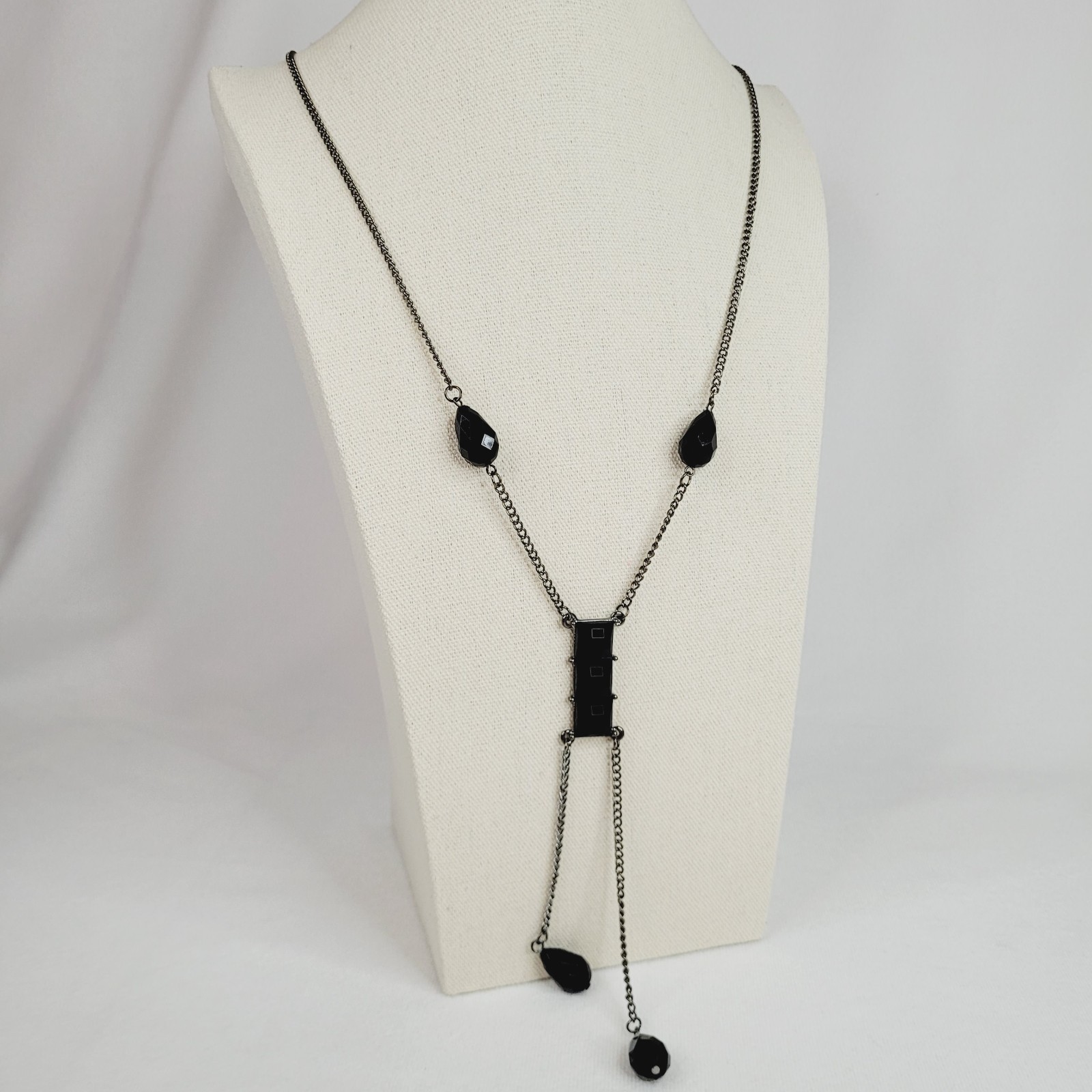 Gun Metal Tone Black Rhinestone Y-Drop Necklace Gothic Long Adjustable Stackable