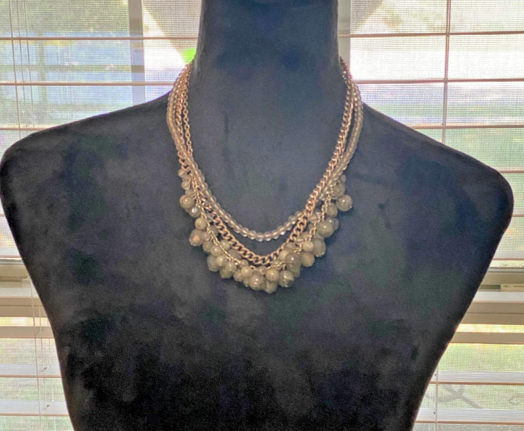 Chic Silver-Tone Layered Chain & Grey Beaded Statement Necklace