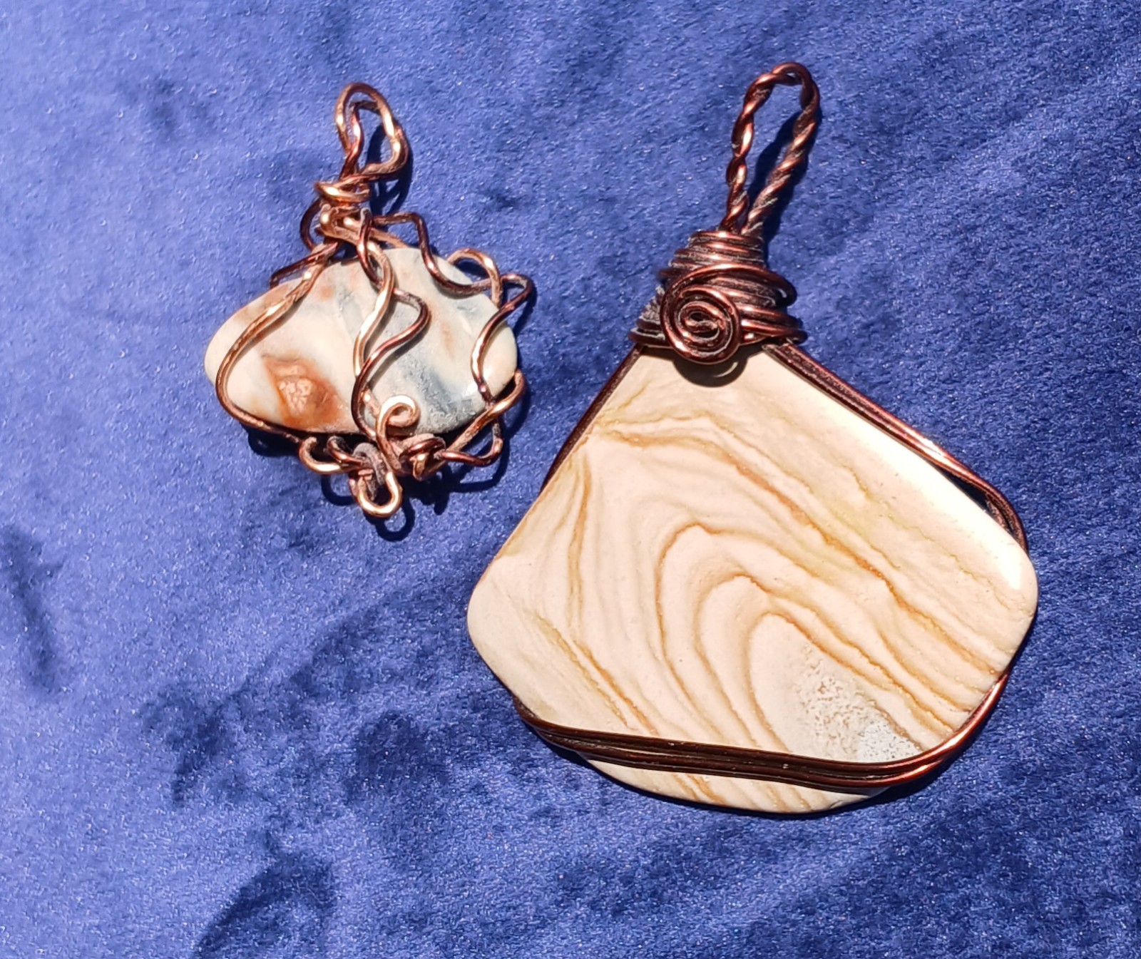 Lot of 2 Picture Jasper Pendants Copper Wire Wrapped Handmade Gemstone Jewelry
