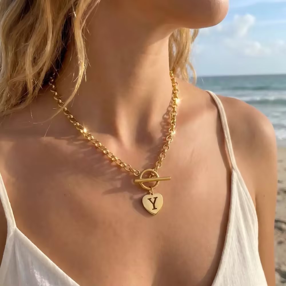HEART Initial Necklaces for Women Men, Stainless Steel A-Z Letters Charm Pendant