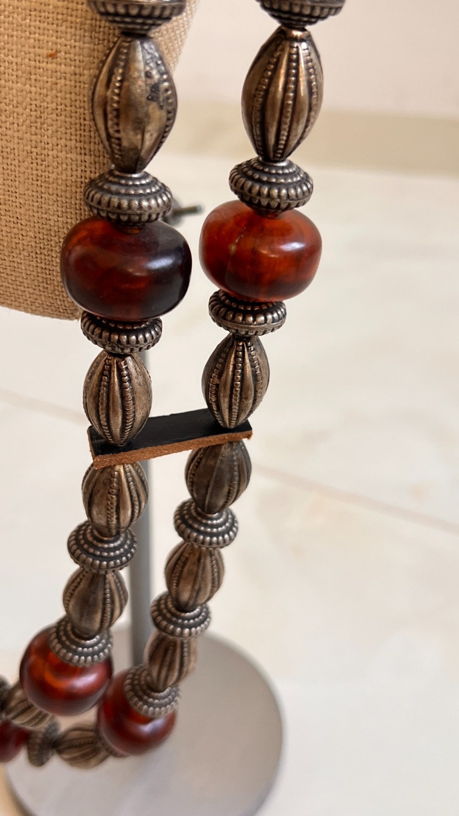 long statement double strands vintage silver necklace with amber and leather