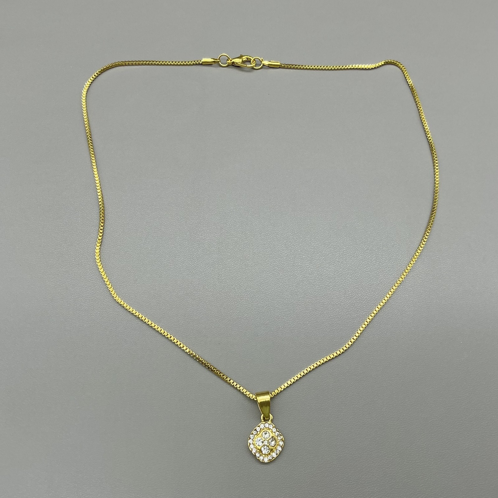 Necklace Gold Tone Box Chain Square Clear Stone Pendant Statement Womens Jewelry