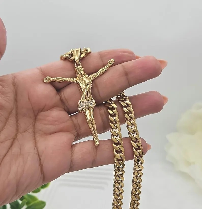 14k Heavy Plated Gold Crucifix Necklace: Men’s 7mm Cuban Link CZ Pendant