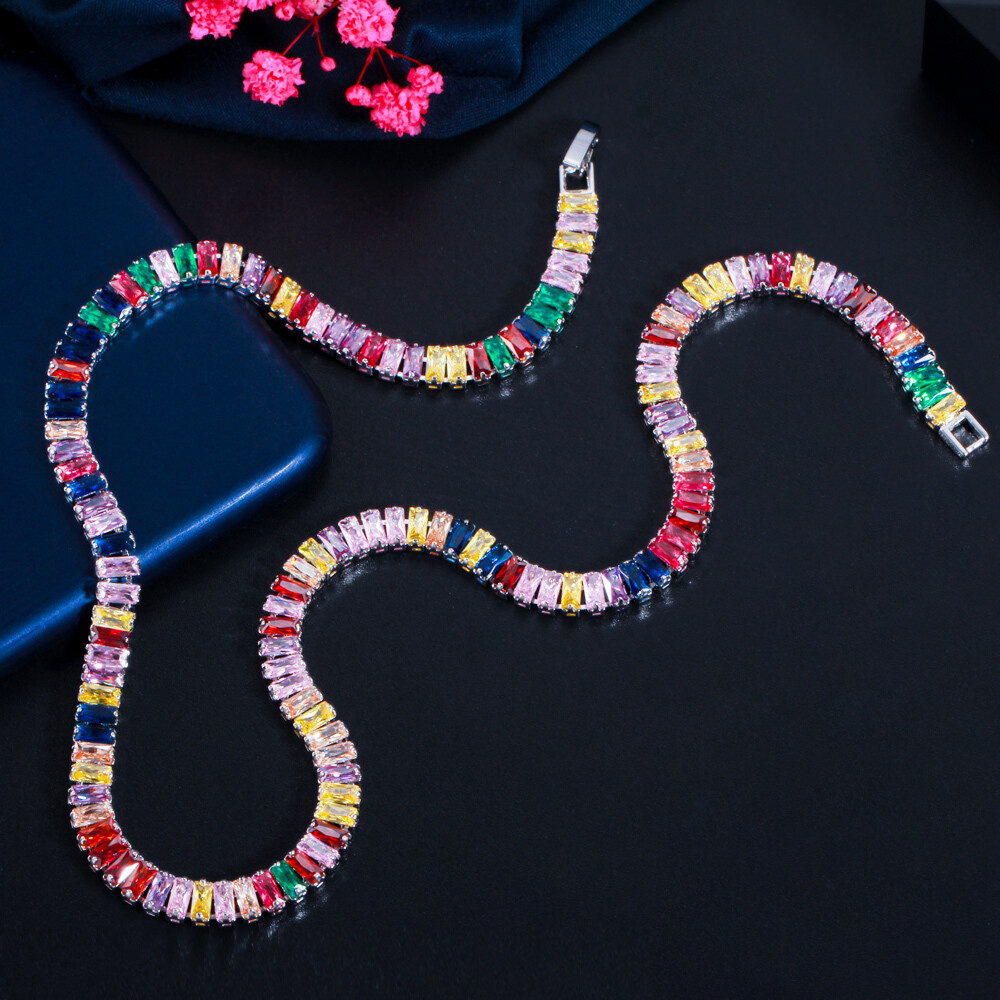 Colorful Rainbow Cubic Zirconia Tennis Necklace Gold Plated Women Bridal Jewelry