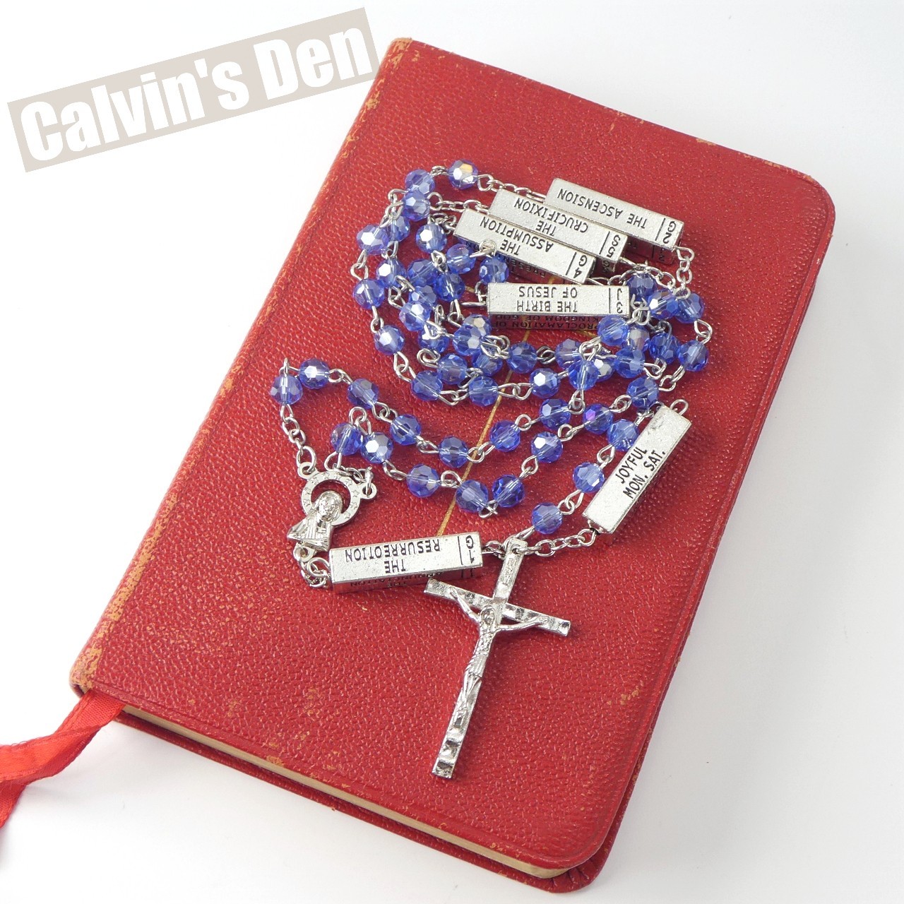 Mysteries of the Rosary Devotional Metal Bead Blue Crystal Necklace Crucifix