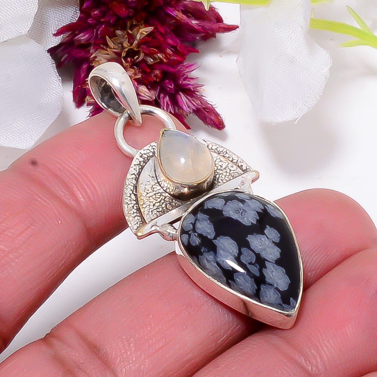 Snowflake Obsidian & Rainbow Moonstone 925 Sterling Silver Pendant 1.87″ Sku12