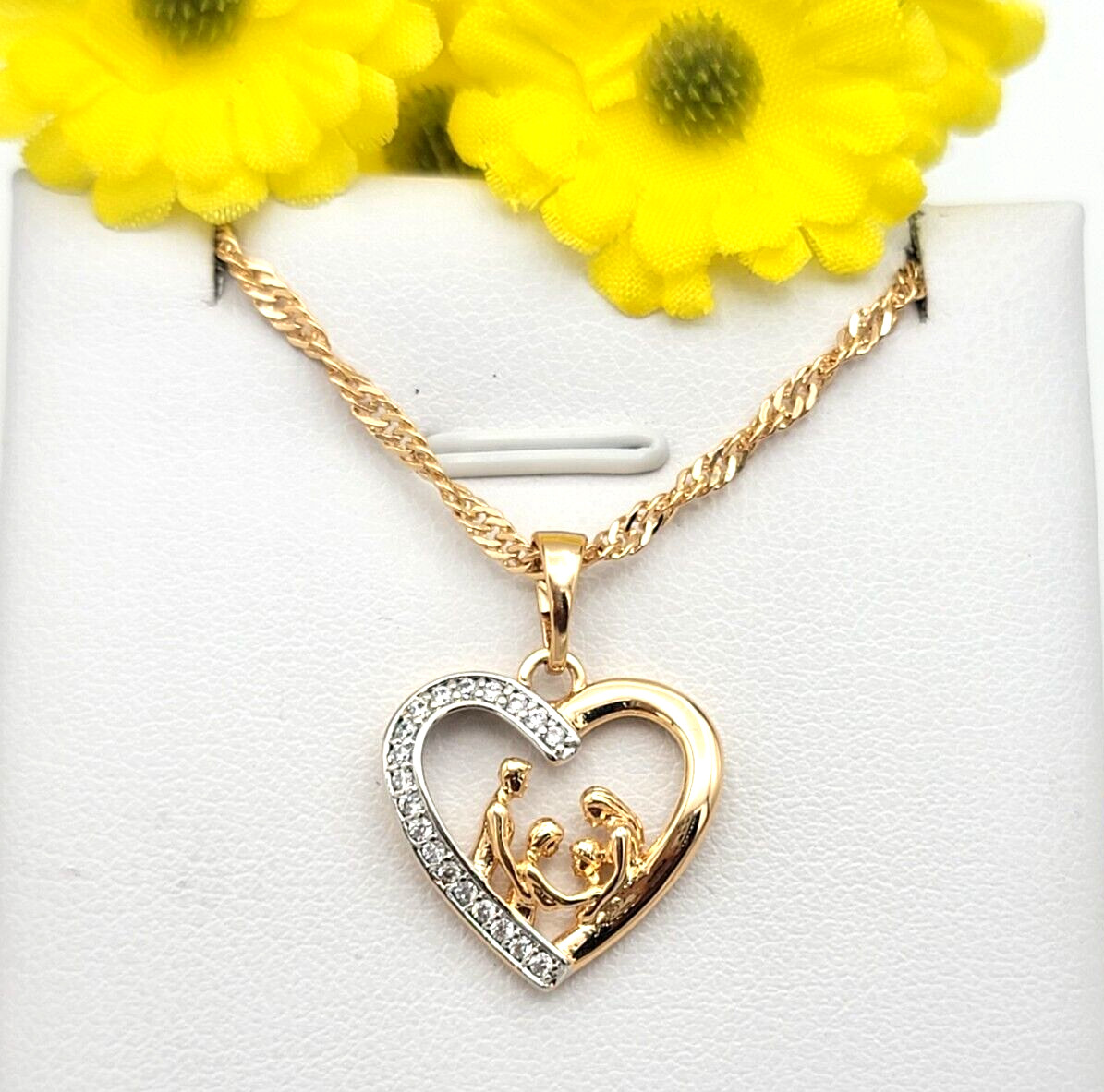 18K Gold Plated CZ Heart Family Pendant & Chain. Mom Dad Daughter Son