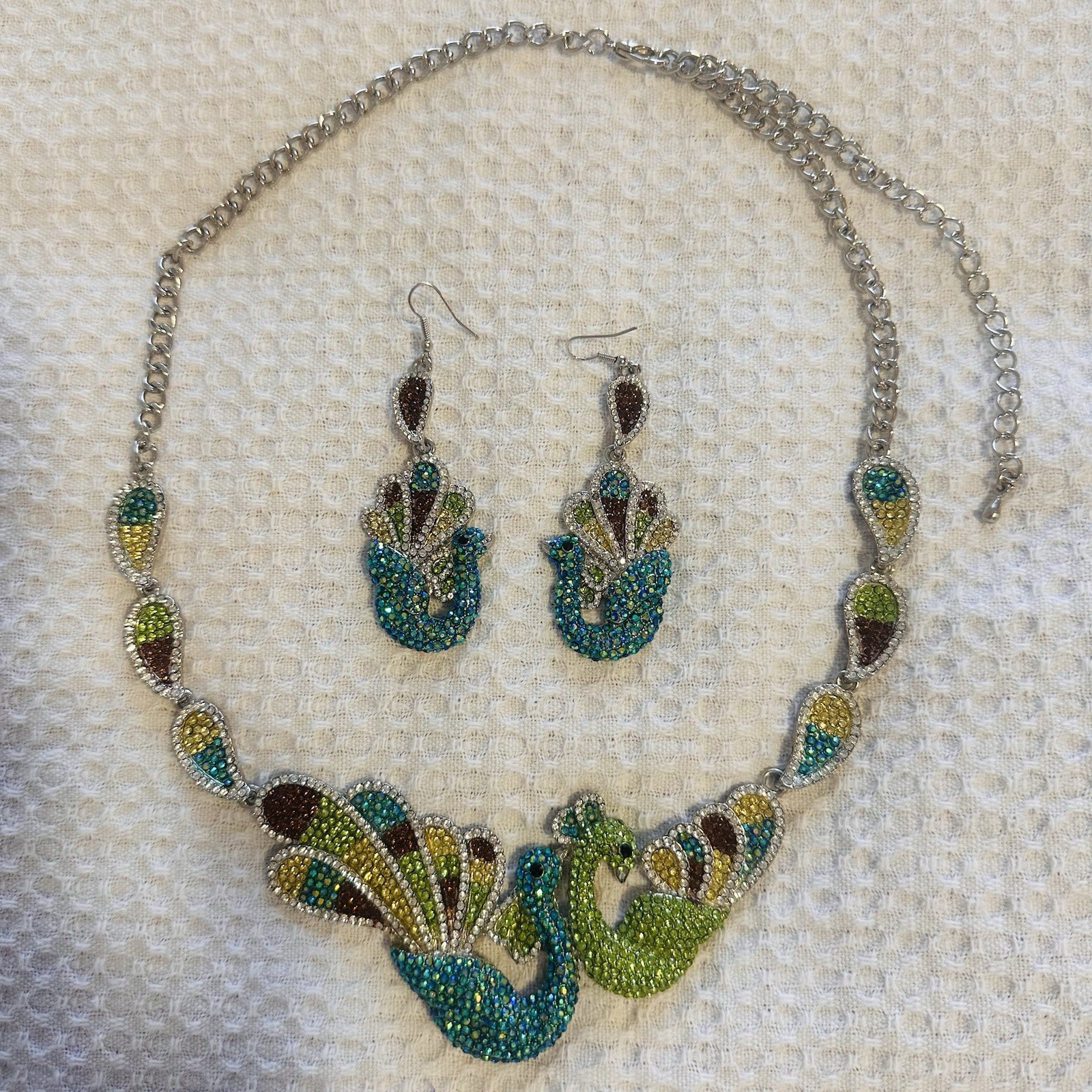 Stunning Multicolor Rhinestone Peacock Statement Necklace & Matching Earring Set