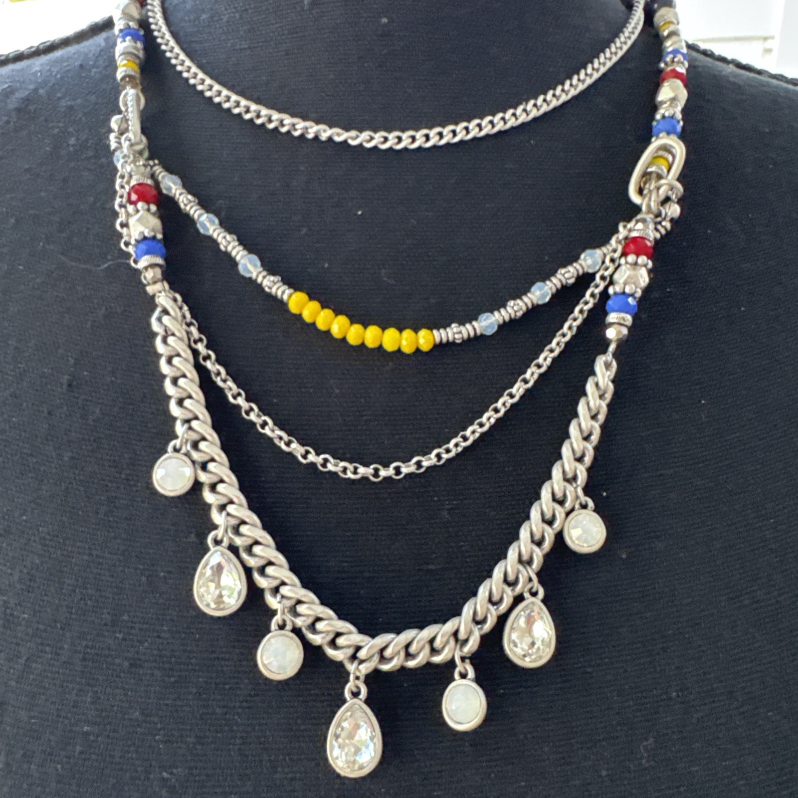 Cara NY SUMMER Chain Statement Necklace Layered CZ Yellow Blue Red NEW