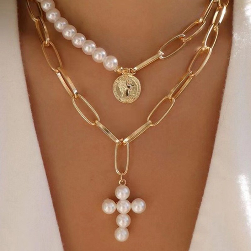 Women’s Hip-hop Cross Imitation Pearl Pendant Necklace Retro Necklace Alloy