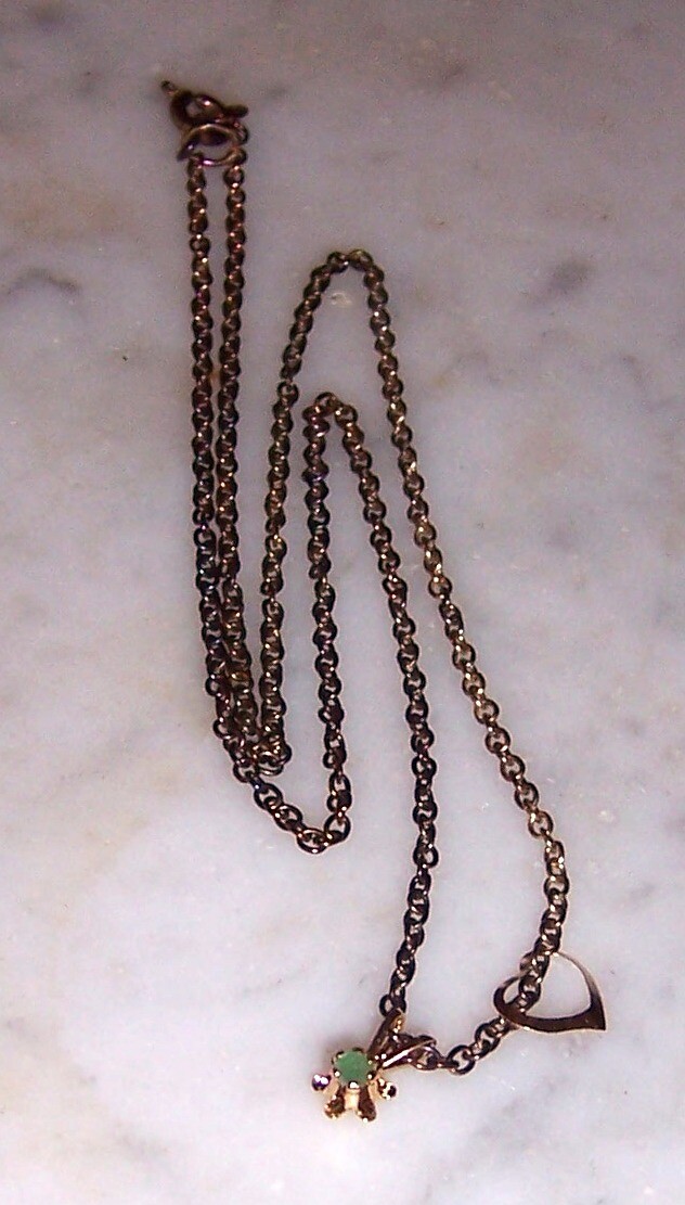 2 Pendants on gold tone chain – No Mark – Heart & Green Prong Set Stone #N378