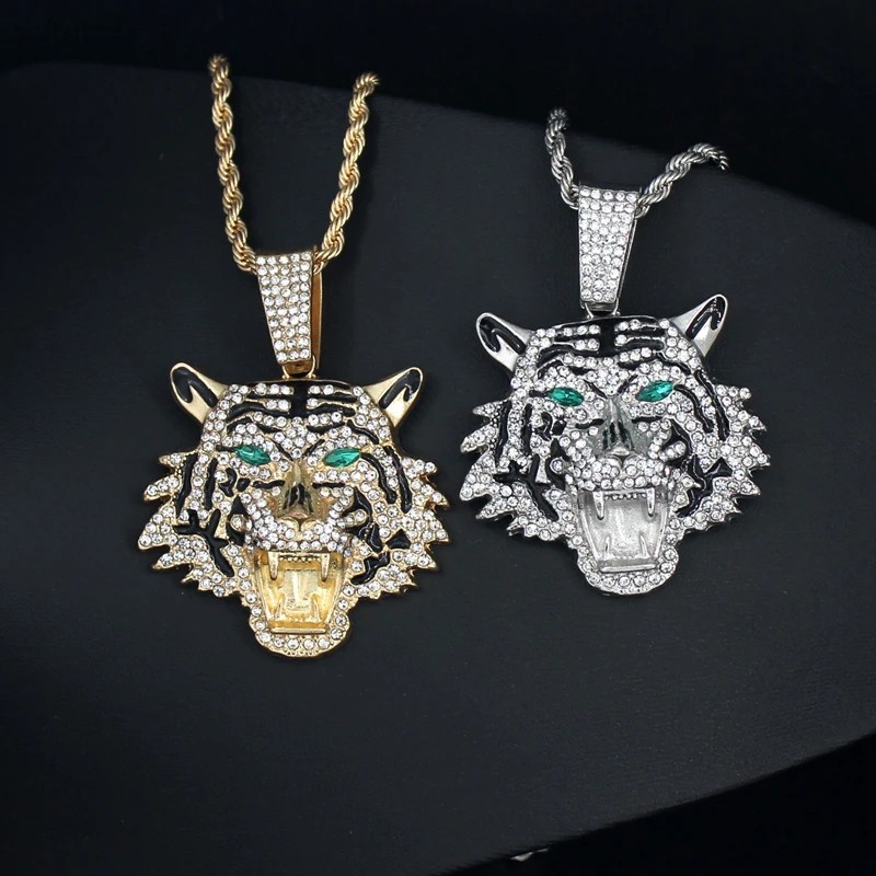 Hip Hop Iced CZ Tiger Pendant Necklace Crystal Cuban Chain Fashion Charm Jewelry