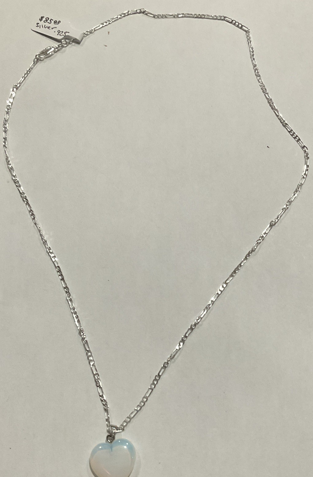 925 Sterling Silver Figaro Chain Necklace Heart Opalite Charm Pendant Lobster