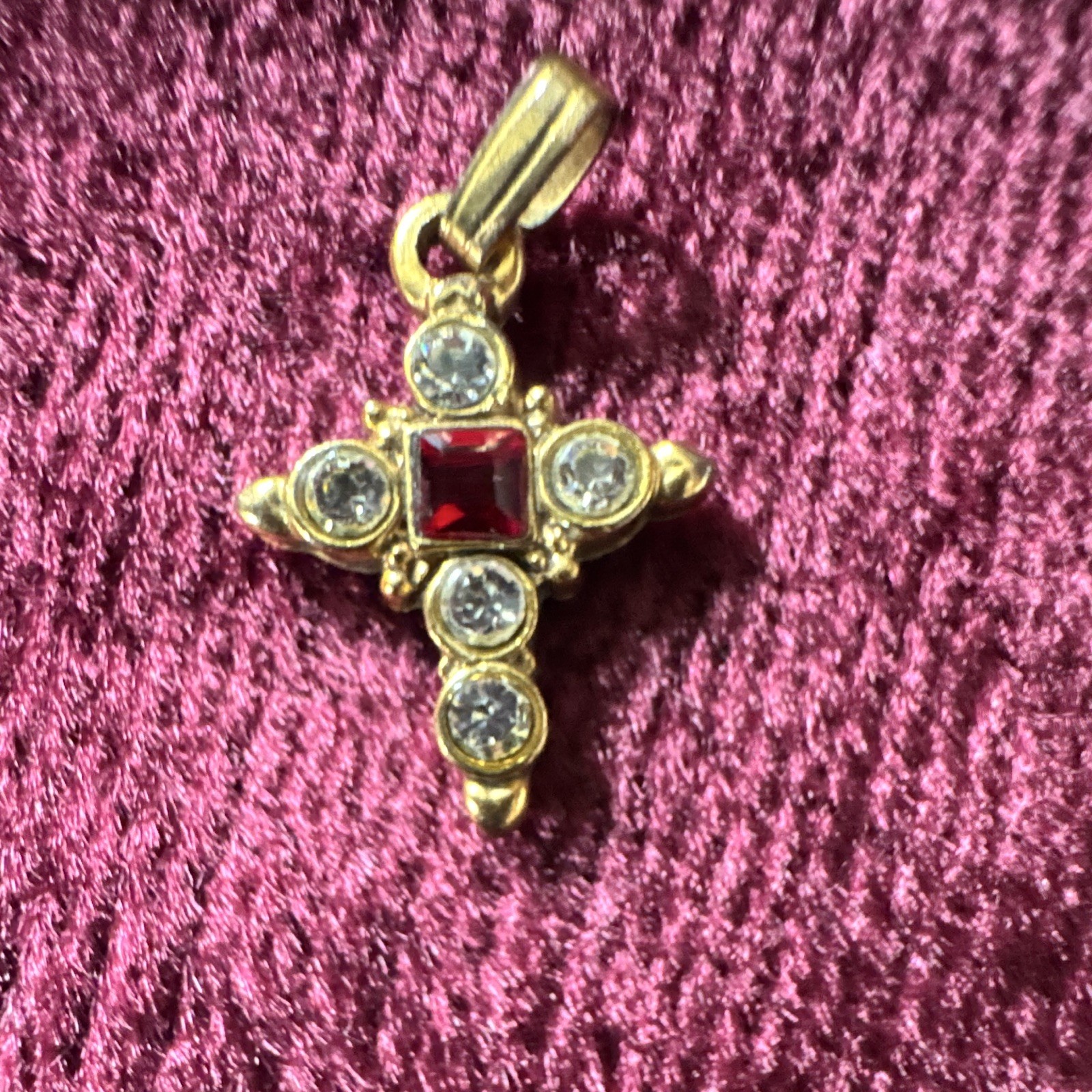Vatican Library Signed Gold Tone Cross Charm Pendant Red Square Stone Clear