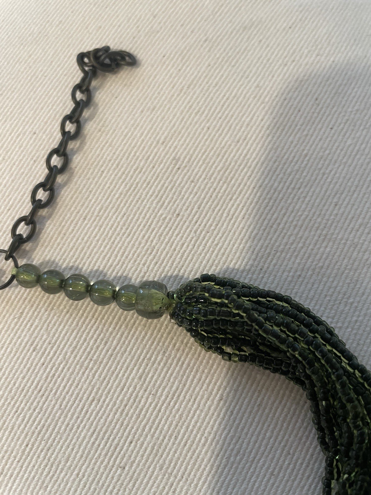 Necklace, Handmade Dark Green beads w/Medallion. 14″ with 3″ extender