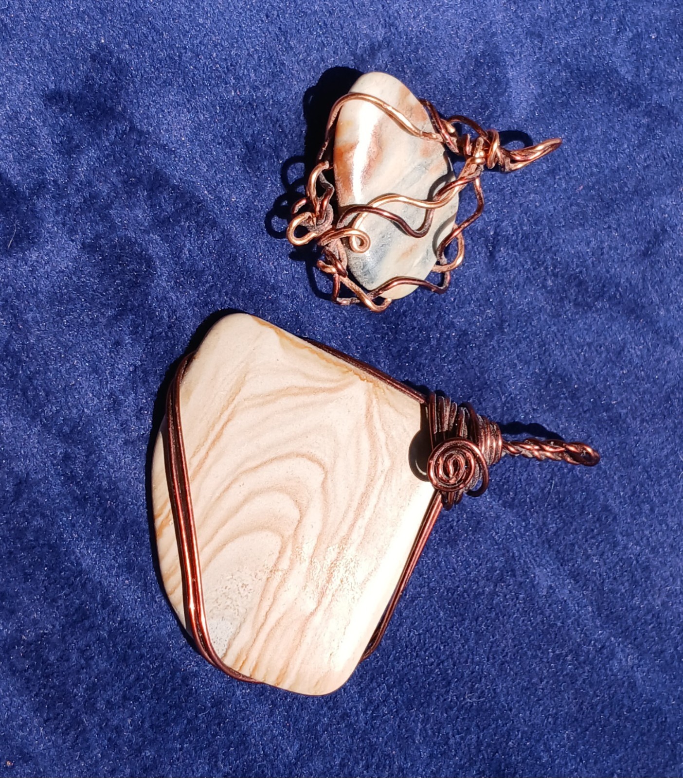 Lot of 2 Picture Jasper Pendants Copper Wire Wrapped Handmade Gemstone Jewelry