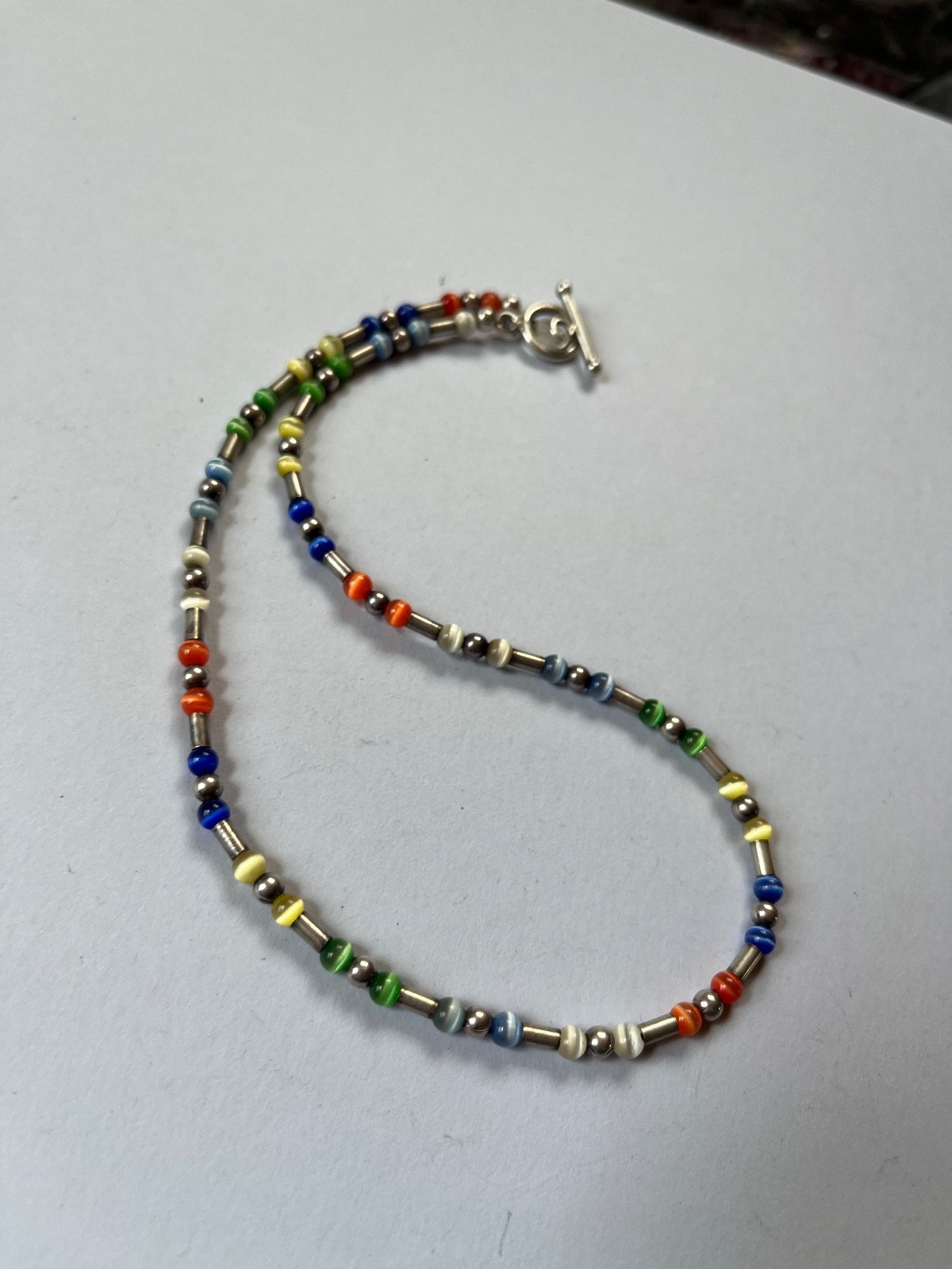 Jordan 925 Sterling Marked Colorful Tiny Moonglow & Silver Barrel & Round Beads