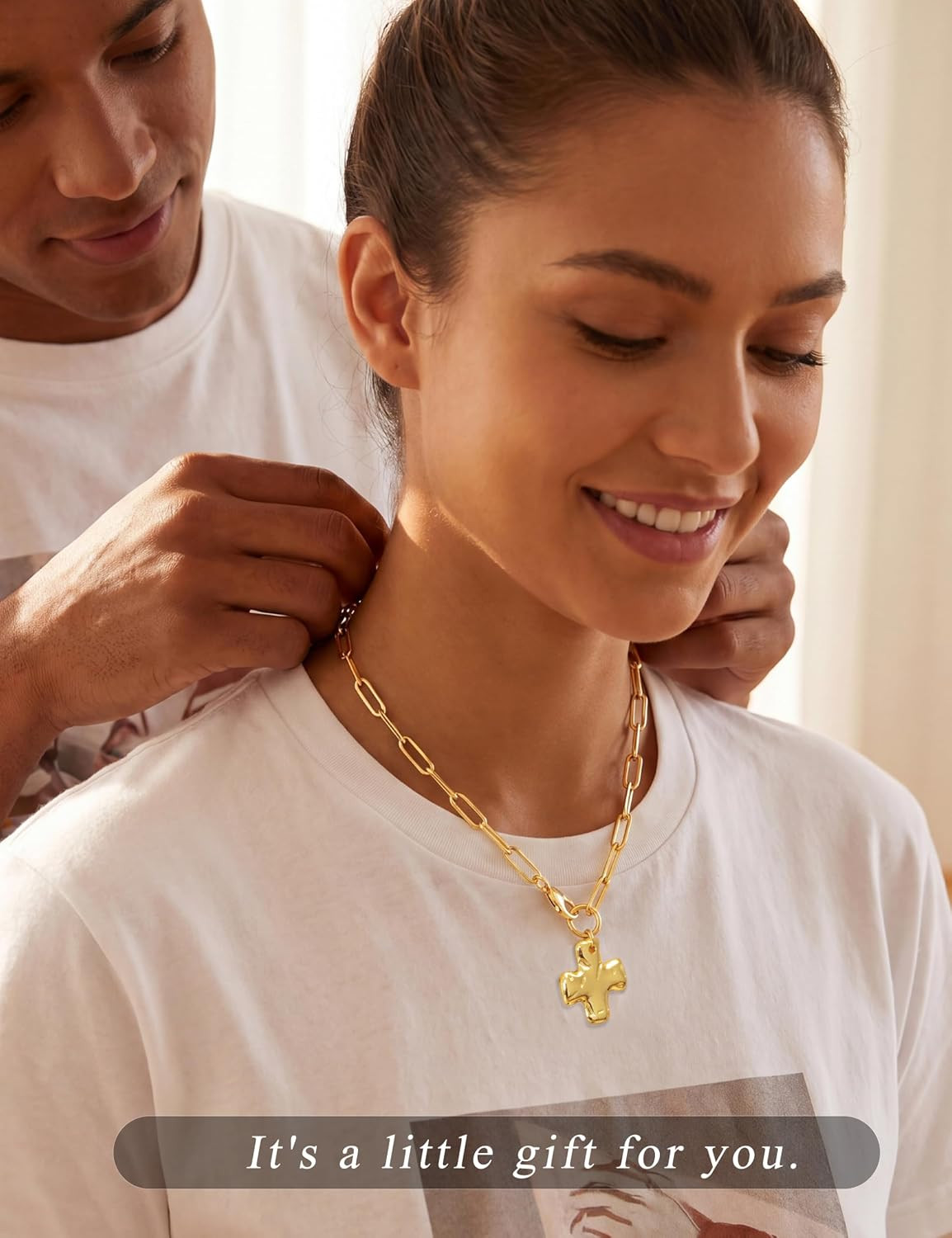 Gold Chunky Cross Necklace for Women Toggle Hammered Cross Chunky Necklaces | 14