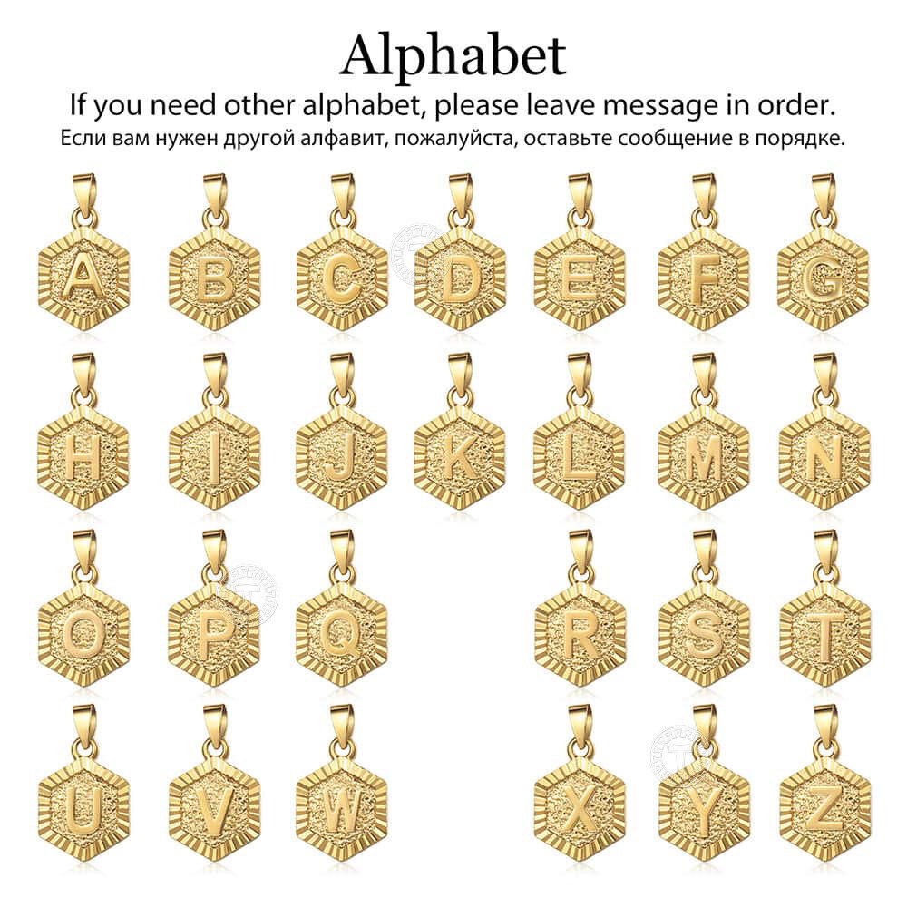 Yellow Gold Filled Hexagon Initital Letter A to Z Pendant Charm for Womens Mens
