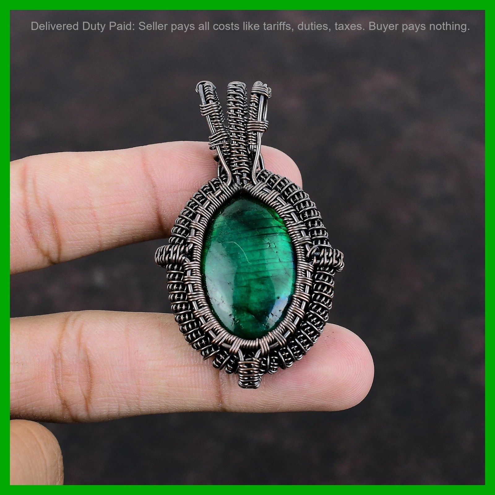 Valentines Sale Copper Natural Green Fire Labradorite Wife Wire Wrapped Pendant