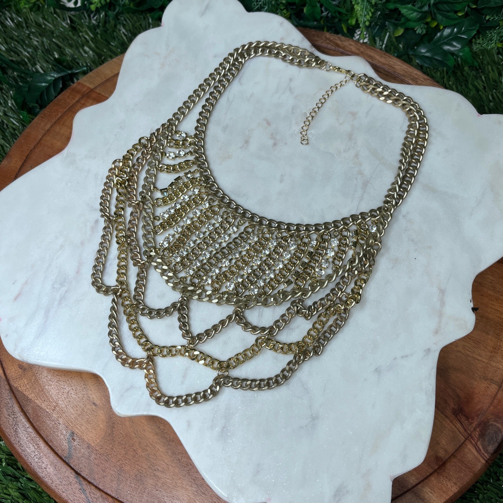 Statement Bib Necklace Gold Tone Multi Layered Rhinestone Curb Chain Chunky 3817