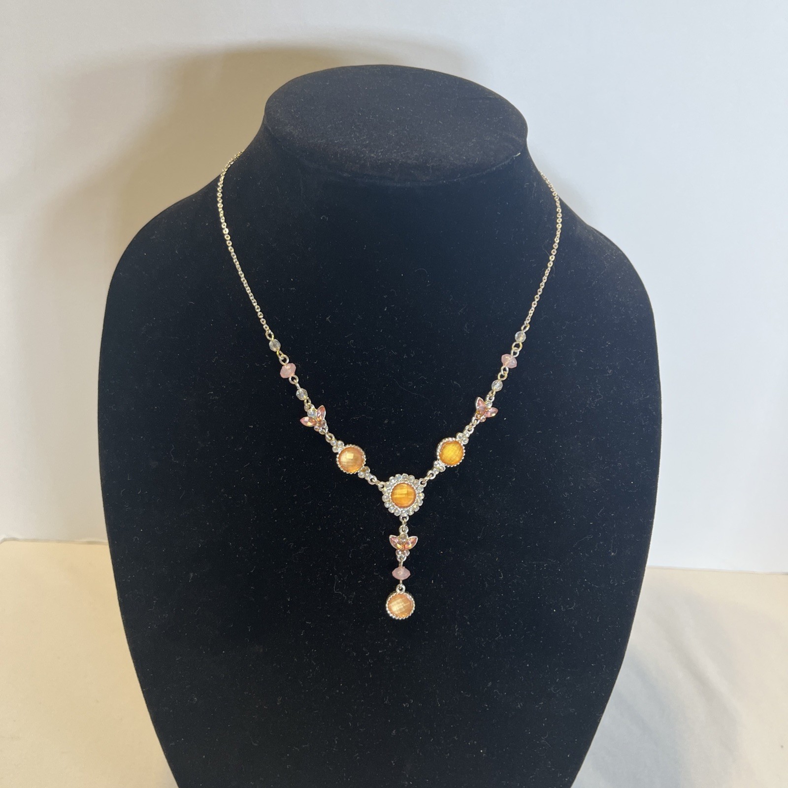 Y Drop Rhinestone Necklace Amber Topez Silver Tone Color Y2K