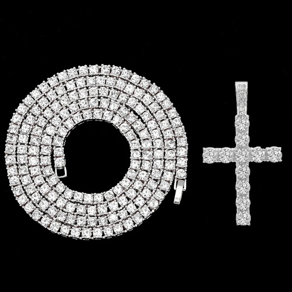 Iced Out Cross Pendant Tennis Chain Necklace Silver Gold CZ Hip Hop Men Women