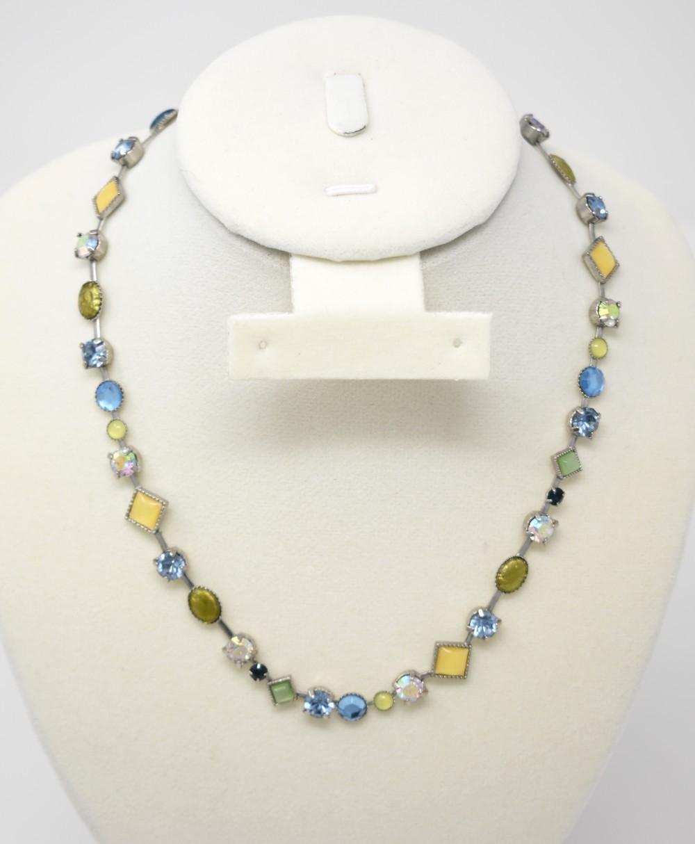 16″ Lia Sophia Silver Tone Bar Chain Bezel Set Multicolor Stones Choker Necklace