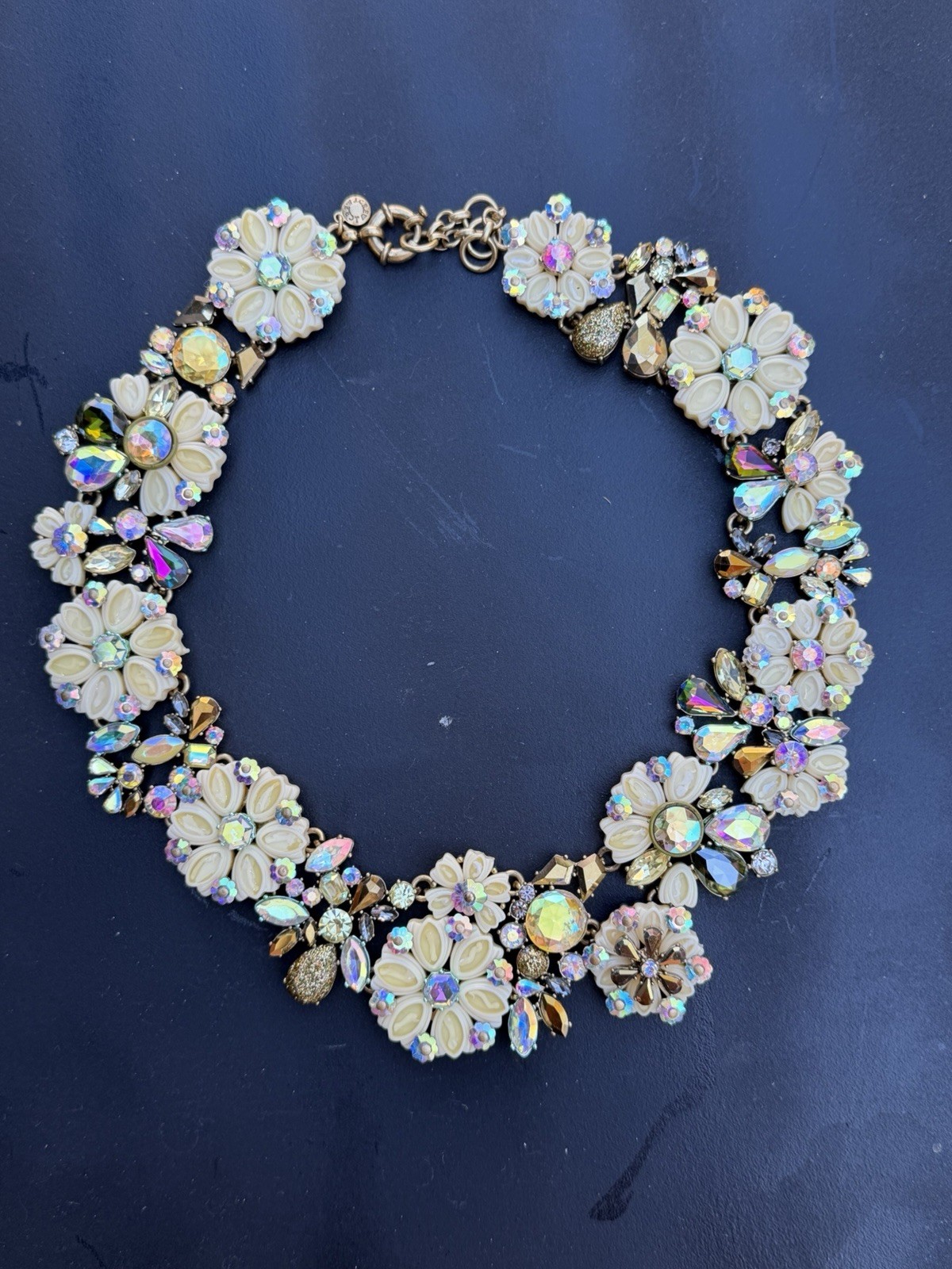 J.Crew Floral Statement Necklace Cream Resin Flowers AB Crystal Rhinestone Gold