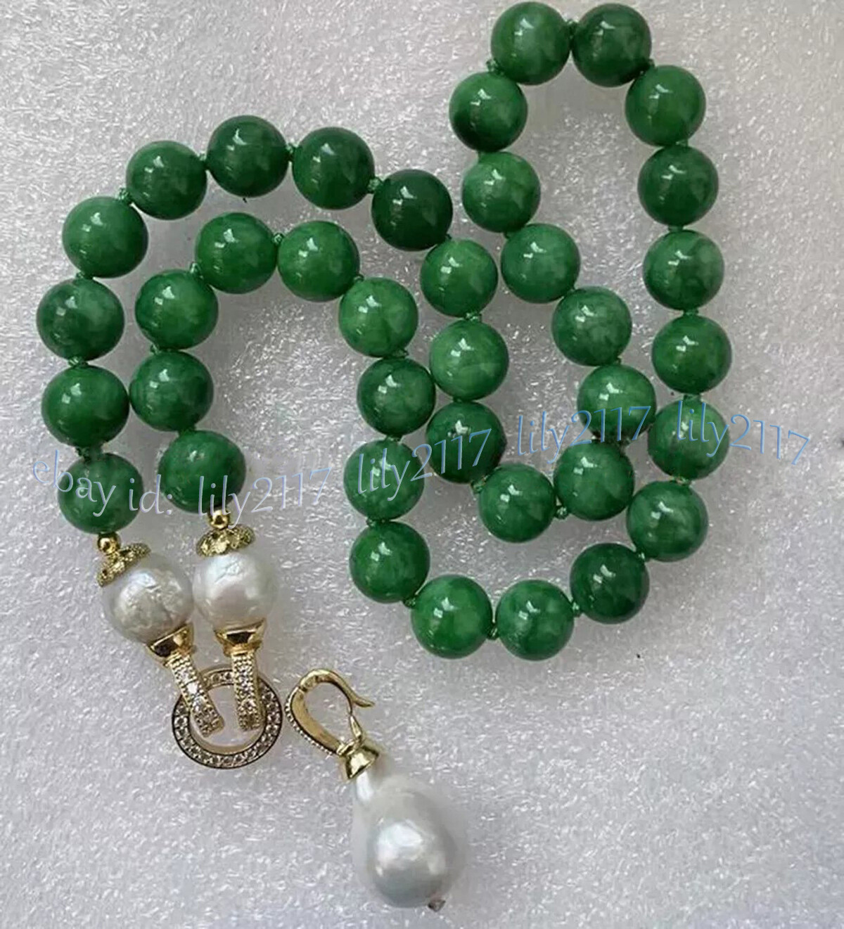 Natural Green Jade Round Gems Beads White Baroque Keshi Pearl Pendant Necklace