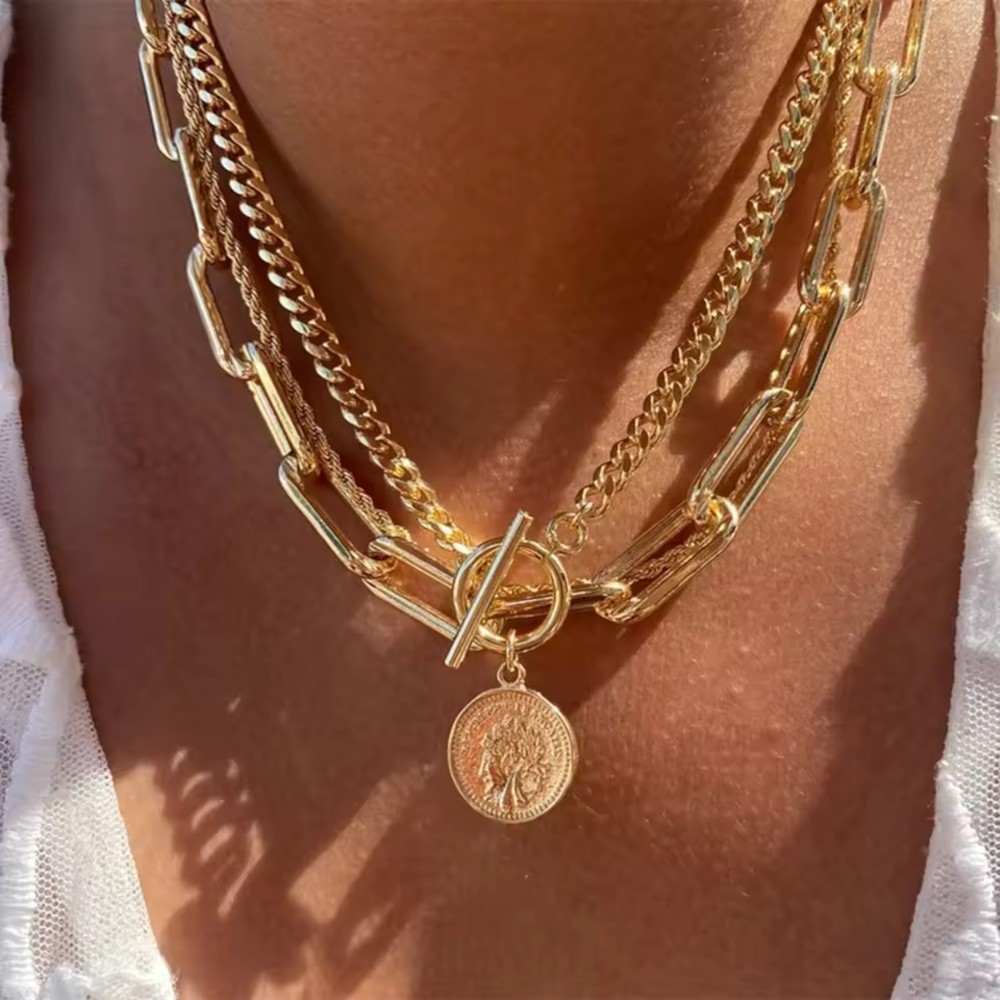 3-Layer Gold Chunky Paperclip Chain OT Coin Necklace Women Punk Fashion Jewelry