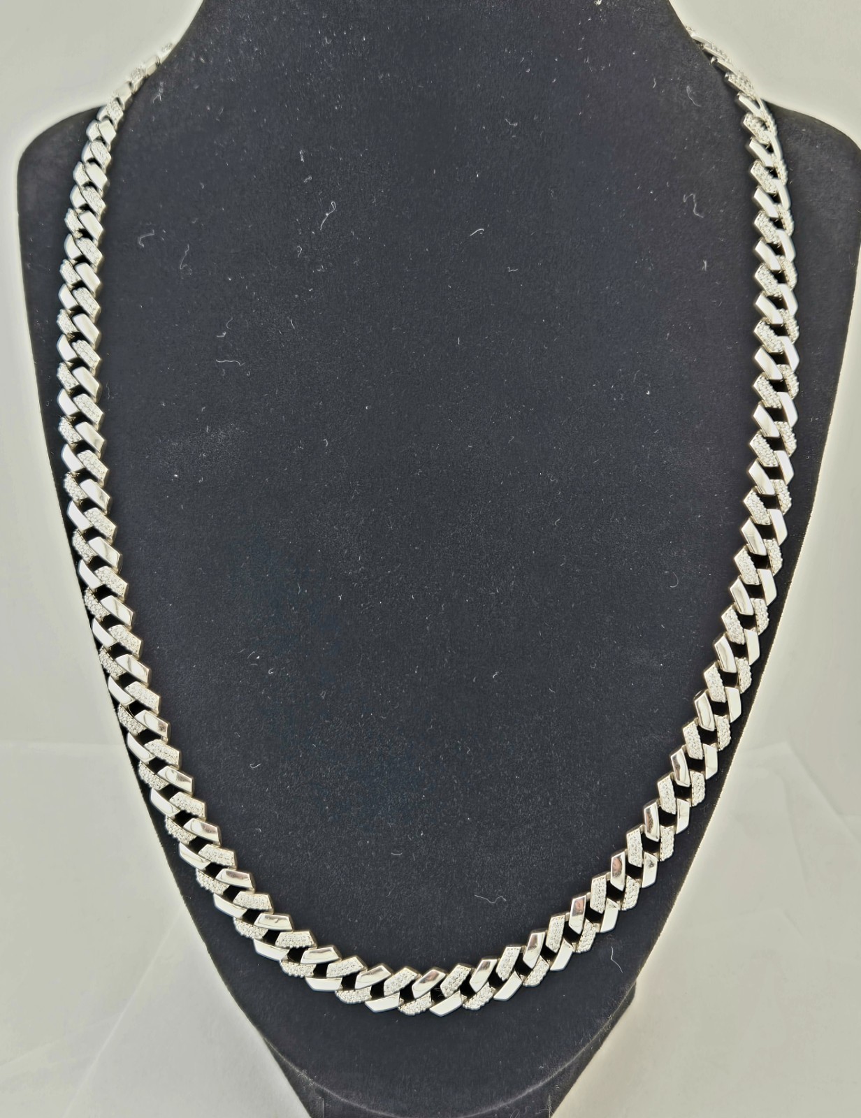 Sterling Silver Clear Pave Gemstone Cuban Curb Link Monaco 22″ Necklace 67g 925