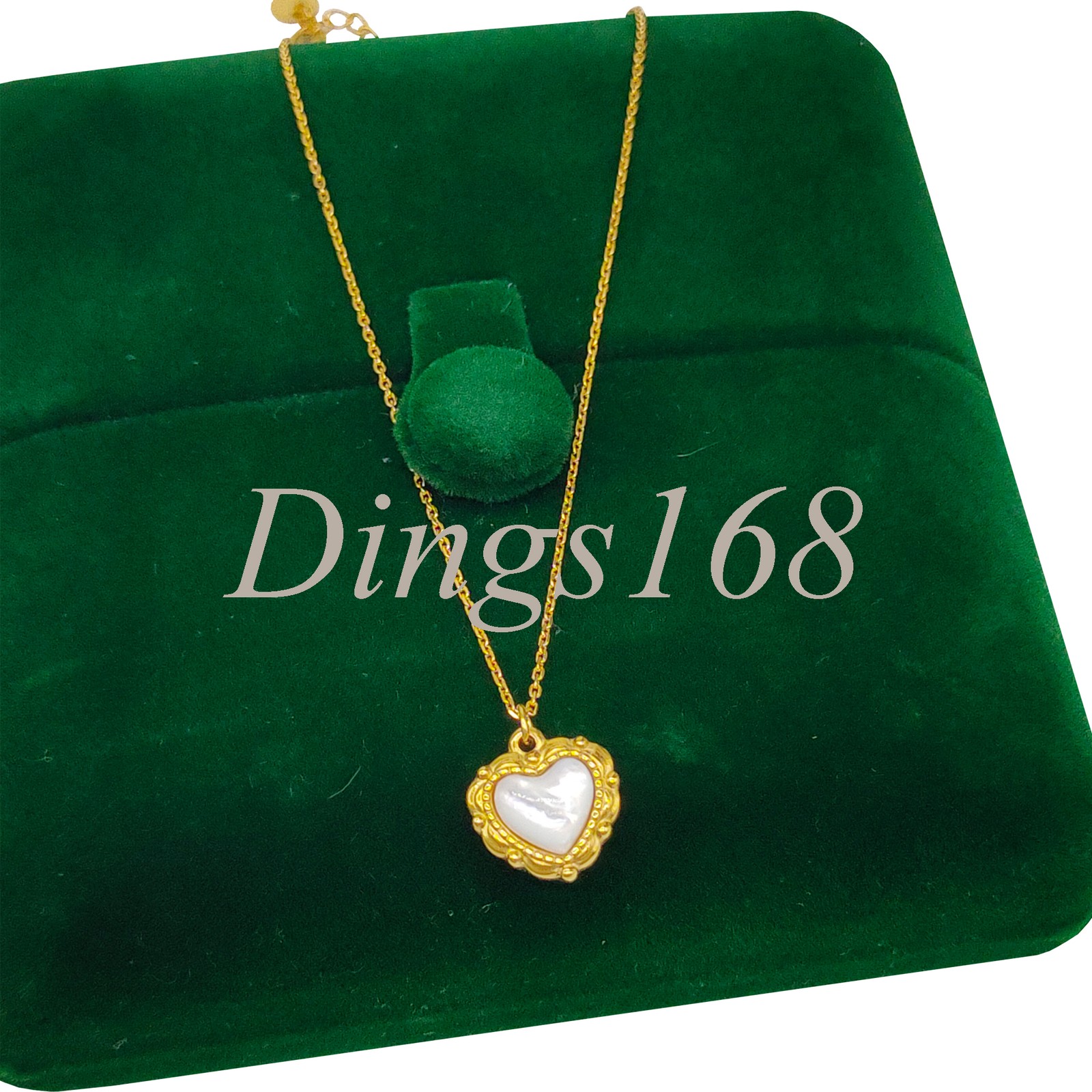 18K Yellow Gold Filled White Seashell Heart Pendant 17+2inch Rolo Chain Necklace
